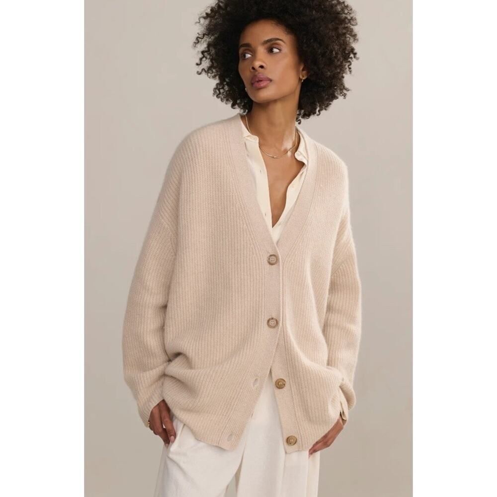 Jenni Kayne Cream Ribbed Button Cardigan Sweater